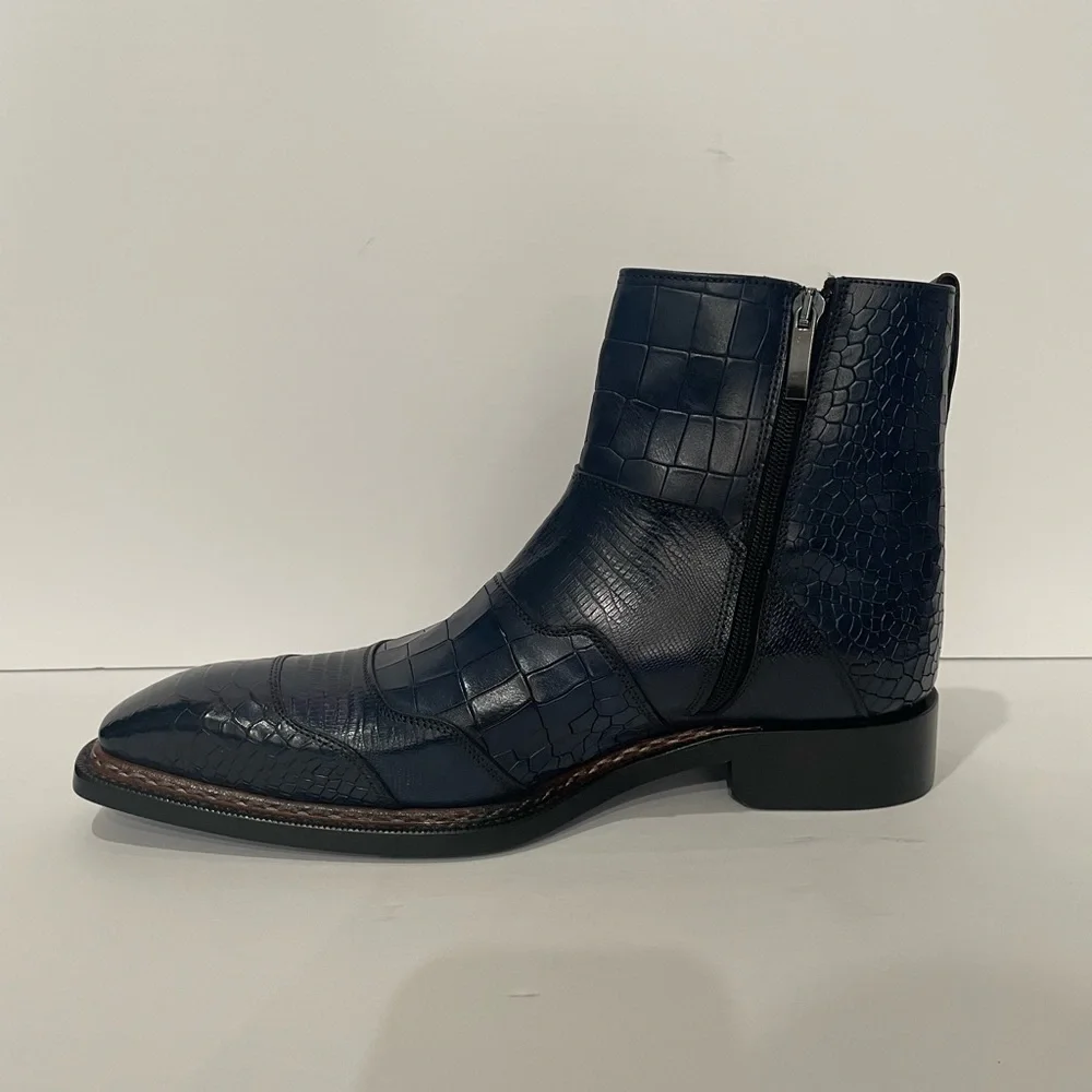 Emilio Franco boot navy Point toe leather calf croc/snake print